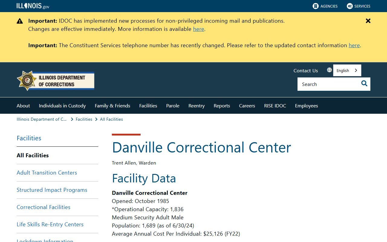 Danville Correctional Center IDOC inmate facility page in Vermilion County