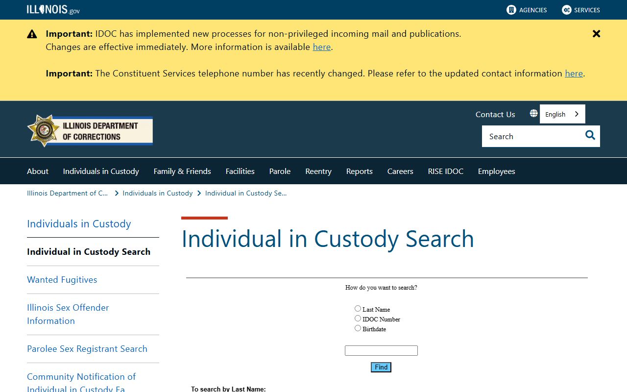 Illinois IDOC Individual in Custody Search for Vermilion County inmate population lookups