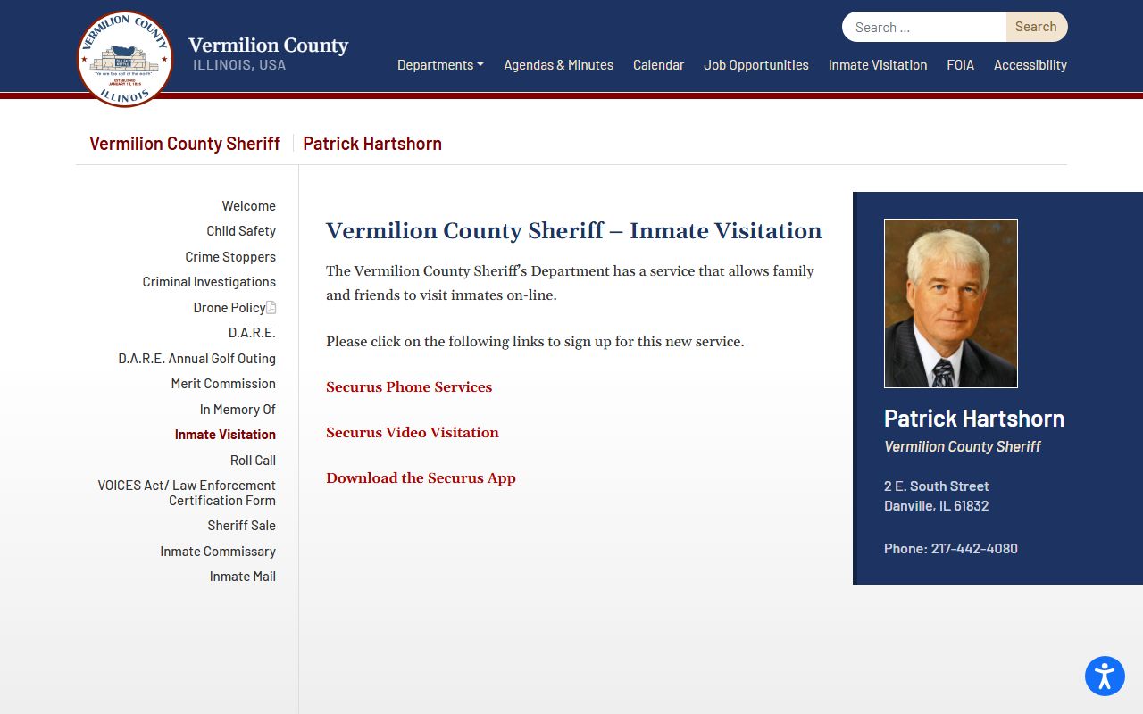 Vermilion County Jail visitation page for Securus inmate video visits