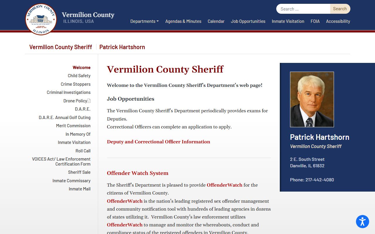 Vermilion County Sheriff page for inmate population and jail contact information