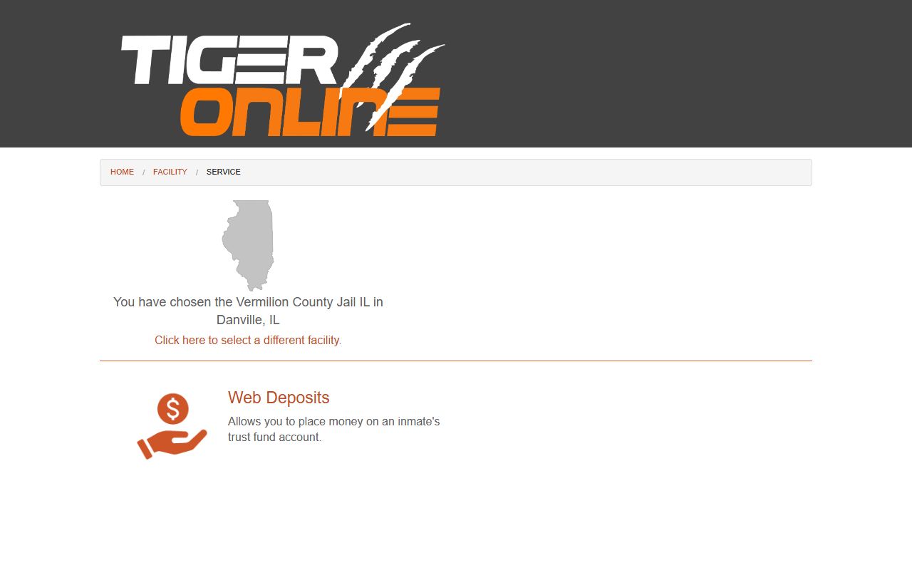 Tiger Commissary Vermilion County Jail deposit page for inmate money
